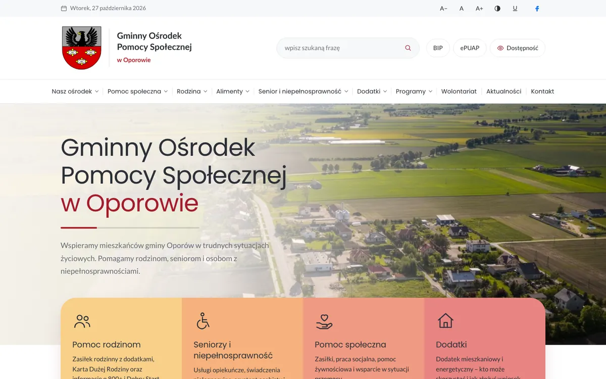Strona gops.oporow.pl — widok strony głównej